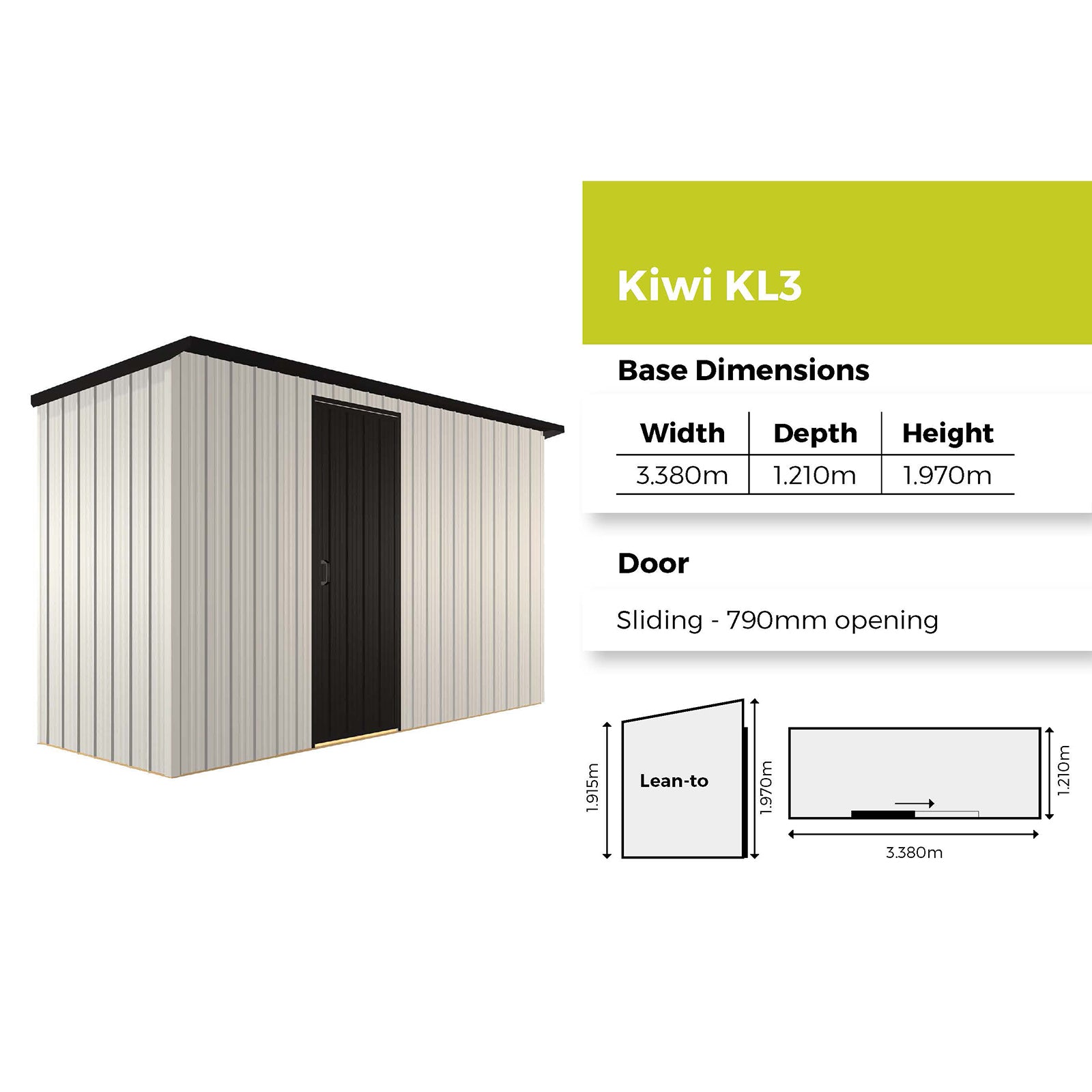 Duratuf Kiwi Shed KL3 - 3.4m x 1.2m (Colour Finish)