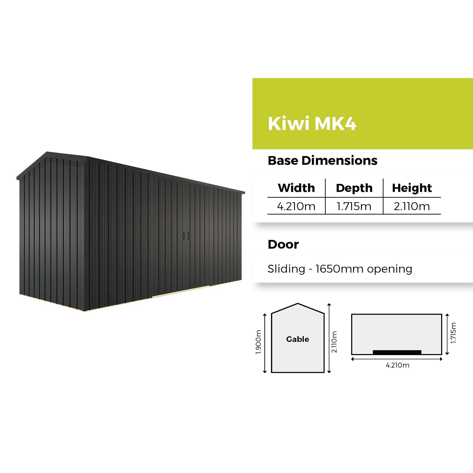 Duratuf Kiwi Shed MK4 - 4.2m x 1.7m (Colour Finish)