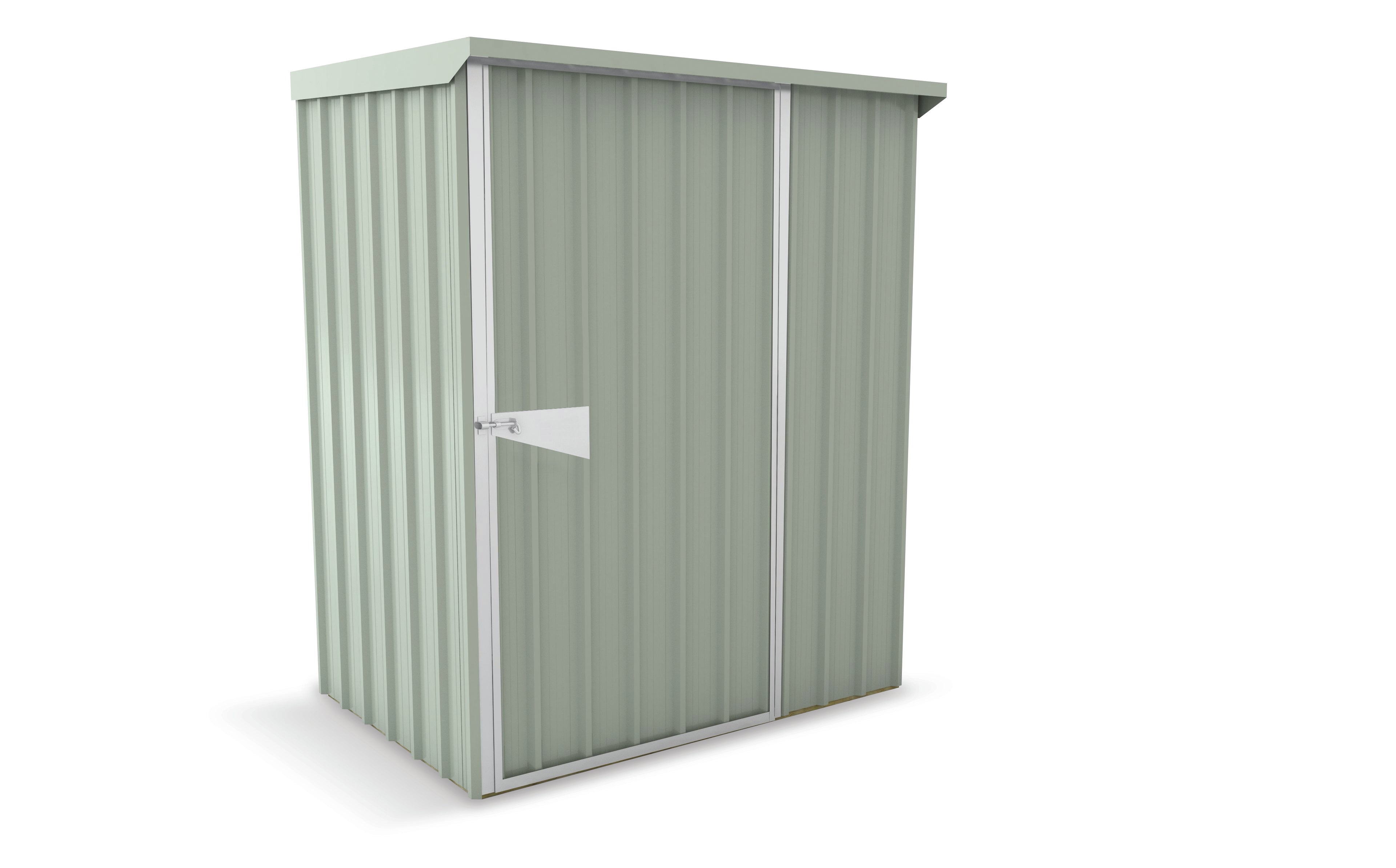 Green metal storage shed on a white background