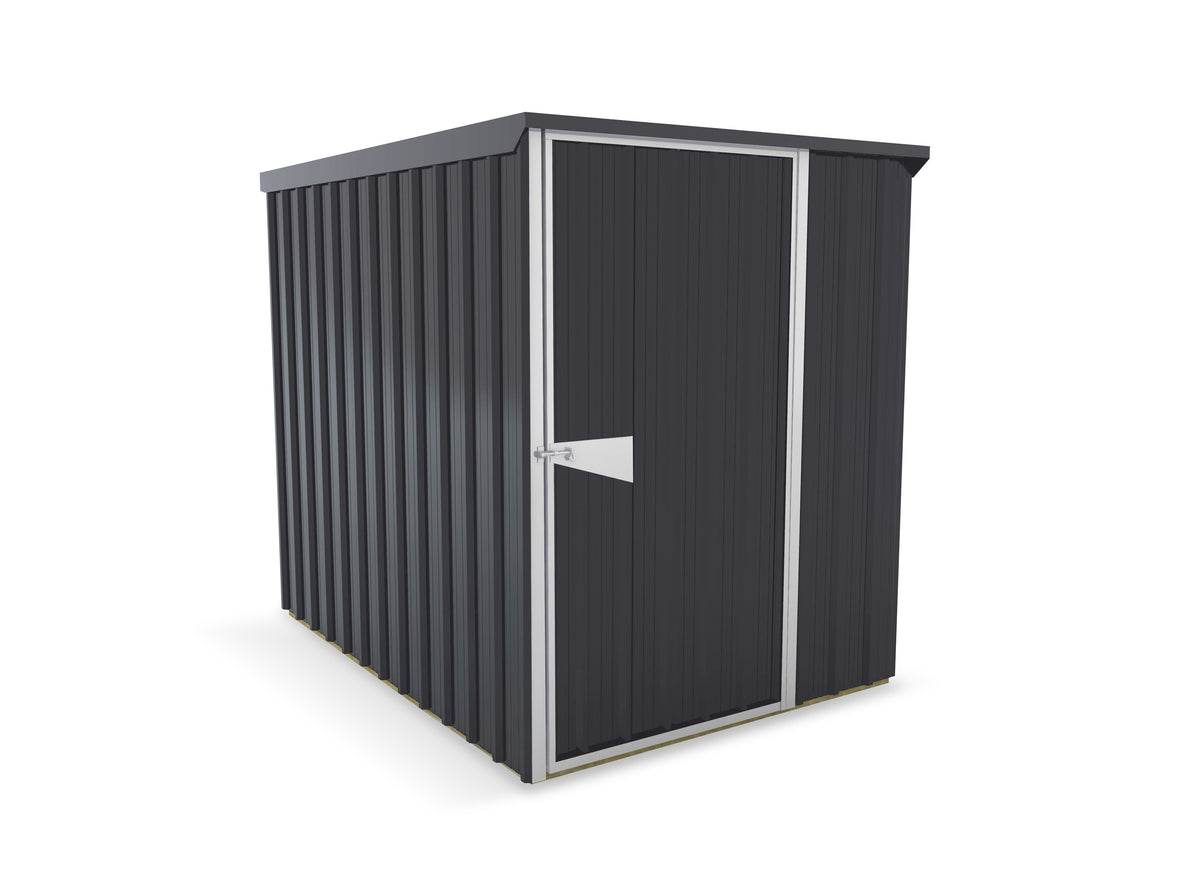 Black metal storage shed with a door on a white background