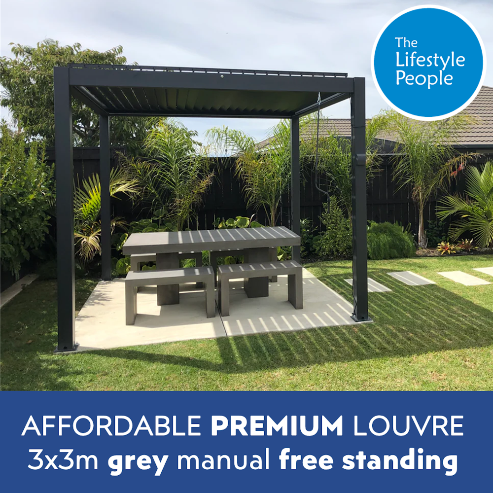 TLP Affordable Premium 3mx3mx2.5m Louvre Pergola LED - Free Standing - Manual - Grey
