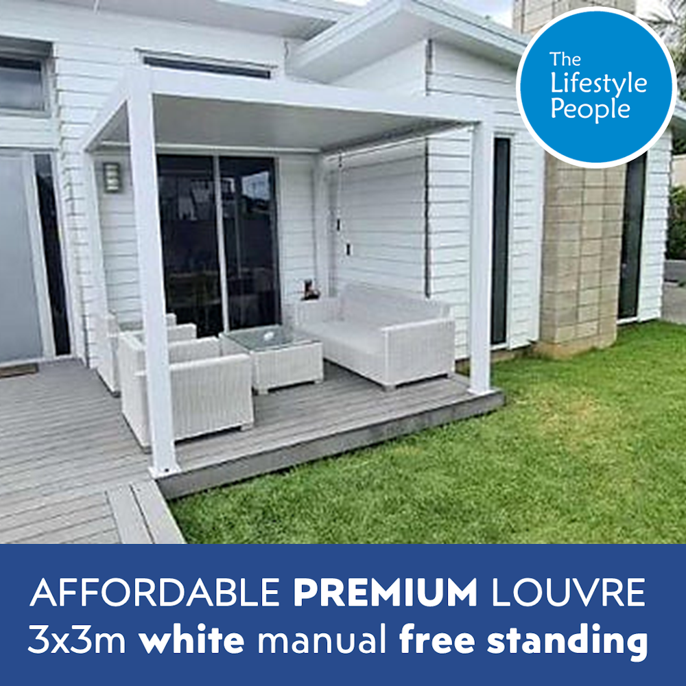 TLP Affordable Premium 3mx3mx2.5m Louvre Pergola LED - Free Standing - Manual - White