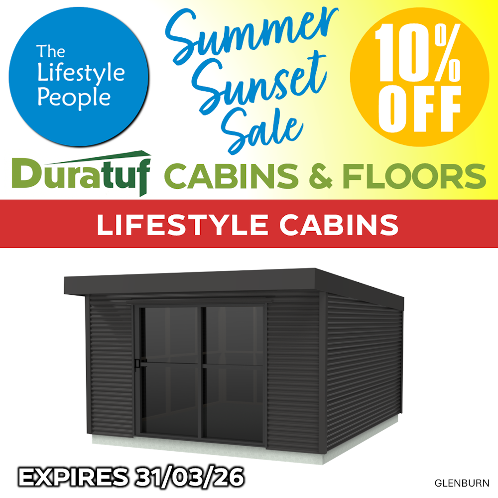 Duratuf Lifestyle GLENBURN CABIN w. Ranch Slider & Floor - 4.2m x 4.8m (Colour Finish)