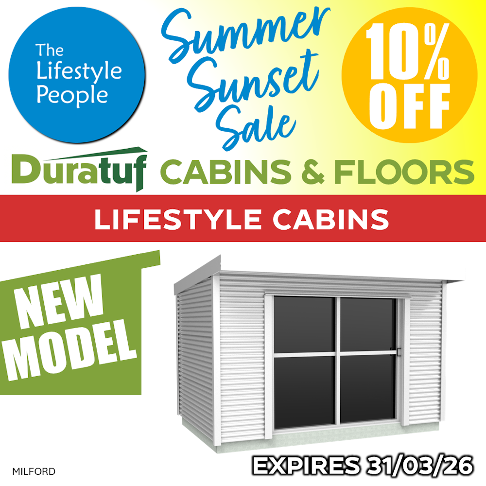 Duratuf Lifestyle MILFORD CABIN w. Ranch Slider & Floor - 3.1m x 2.0m (Colour Finish)