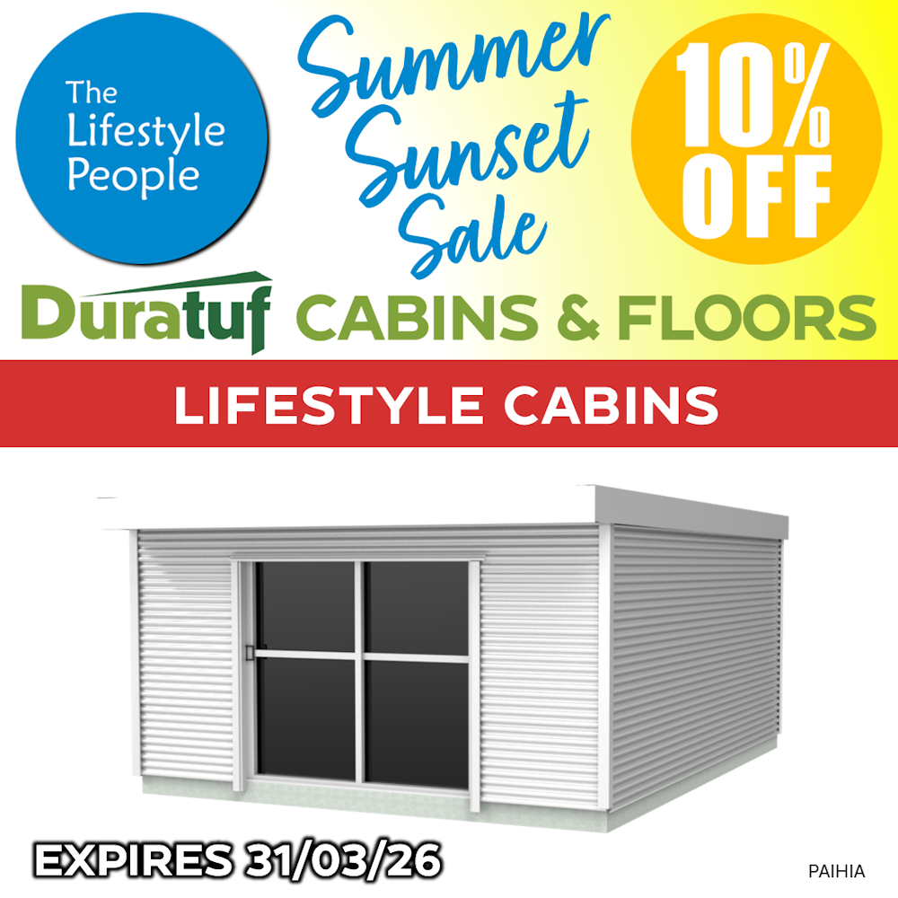 Duratuf Lifestyle PAIHIA CABIN w. Ranch Slider & Floor - 4.8m x 6.0m (Colour Finish)