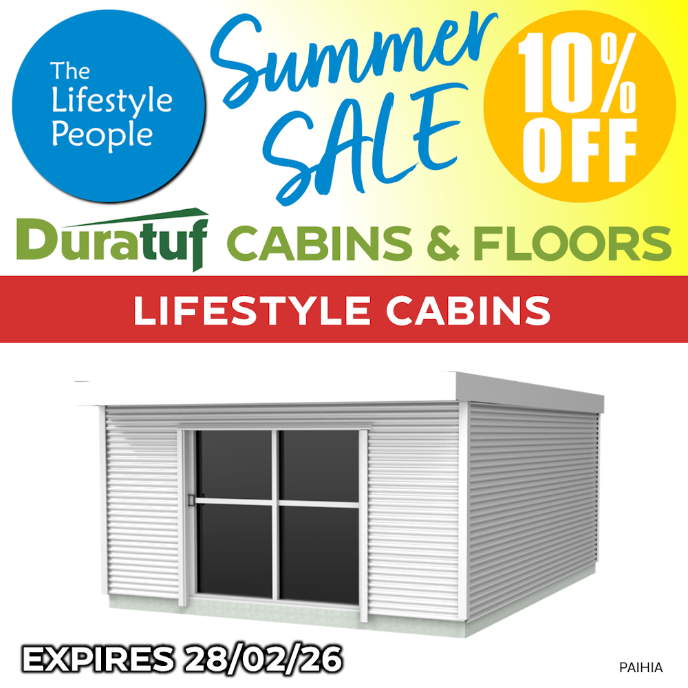 Duratuf Lifestyle PAIHIA CABIN w. Ranch Slider & Floor - 4.8m x 6.0m (Colour Finish)