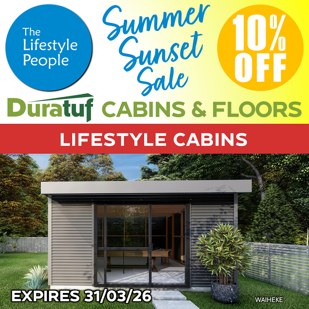 Duratuf Lifestyle WAIHEKE CABIN w. Ranch Slider & Floor - 4.2m x 3.6m (Colour Finish)