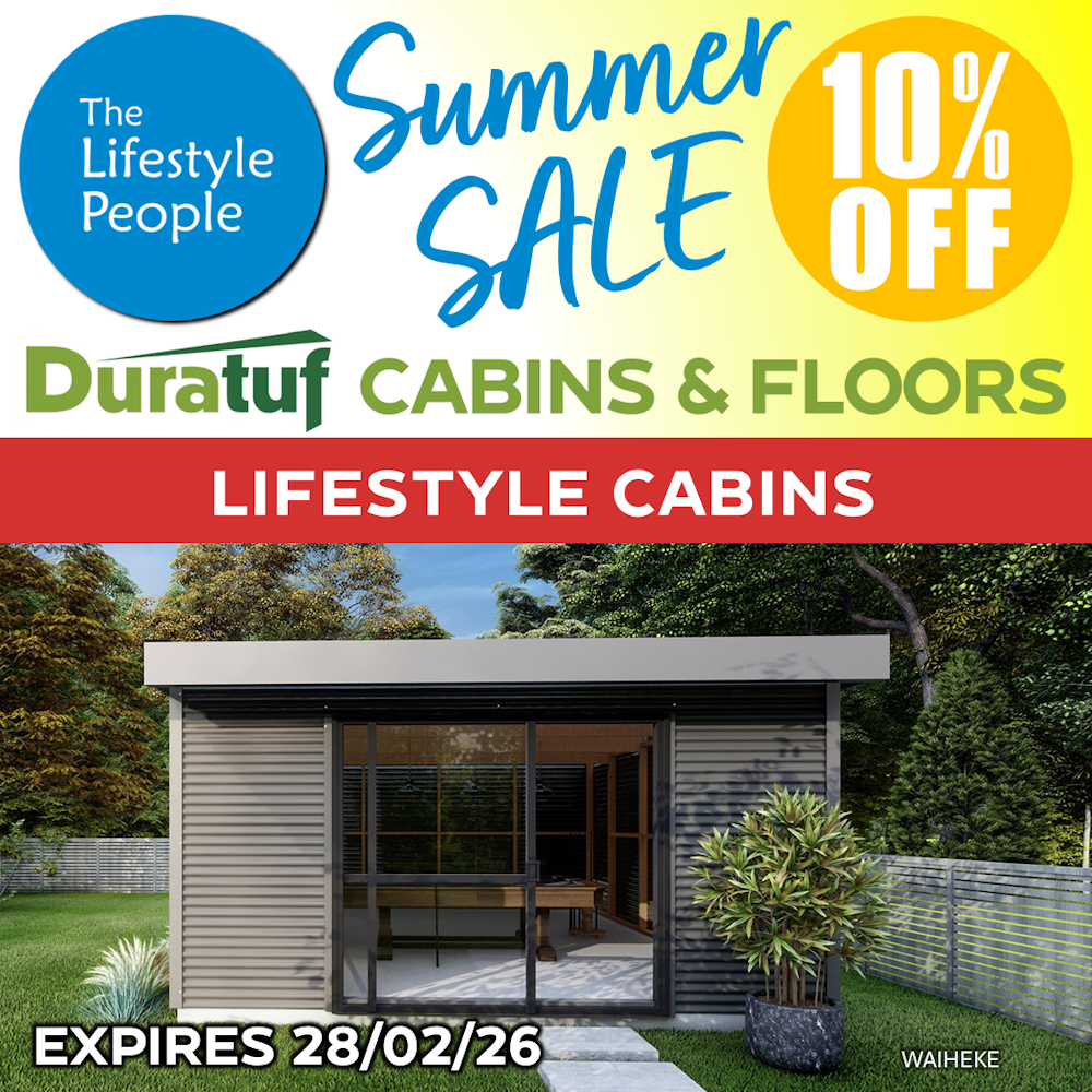 Duratuf Lifestyle WAIHEKE CABIN w. Ranch Slider & Floor - 4.2m x 3.6m (Colour Finish)