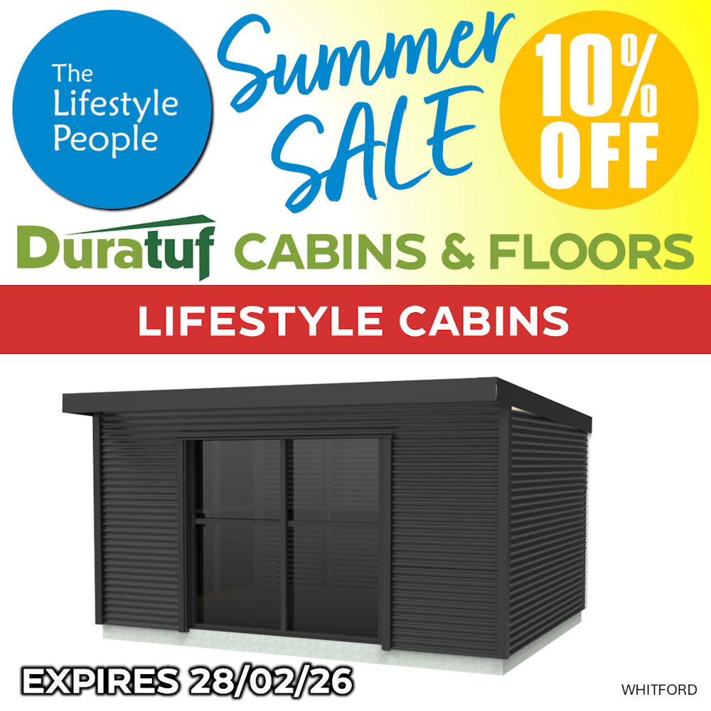 Duratuf Lifestyle WHITFORD CABIN w Ranch Slider & Floor - 4.8m x 3.6m (Colour Finish)