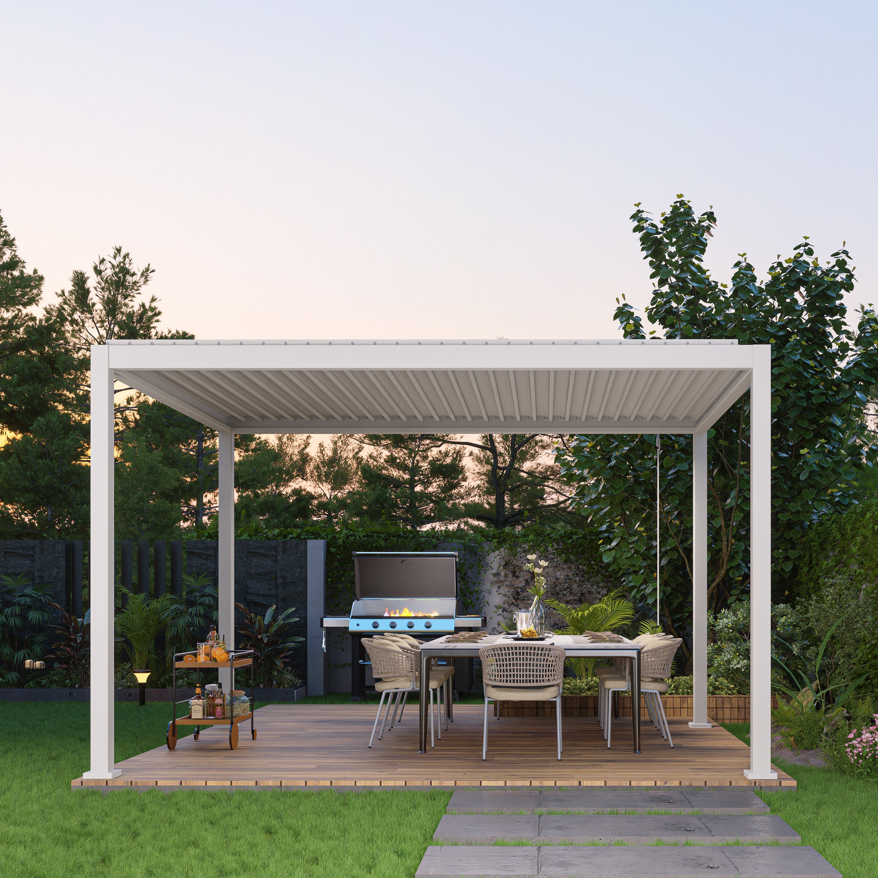 TLP Stellar Promotion - SAVE 30% - 4mx3m White Stellar Louvre Pergola plus (3) Blinds - one 4m & two 3m manual Outdoor Mesh Blinds