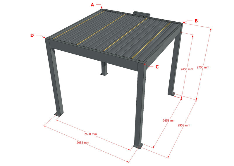 TLP Elite 3mx3mx2.7m Louvre Pergola LED - Free Standing Electric Motor