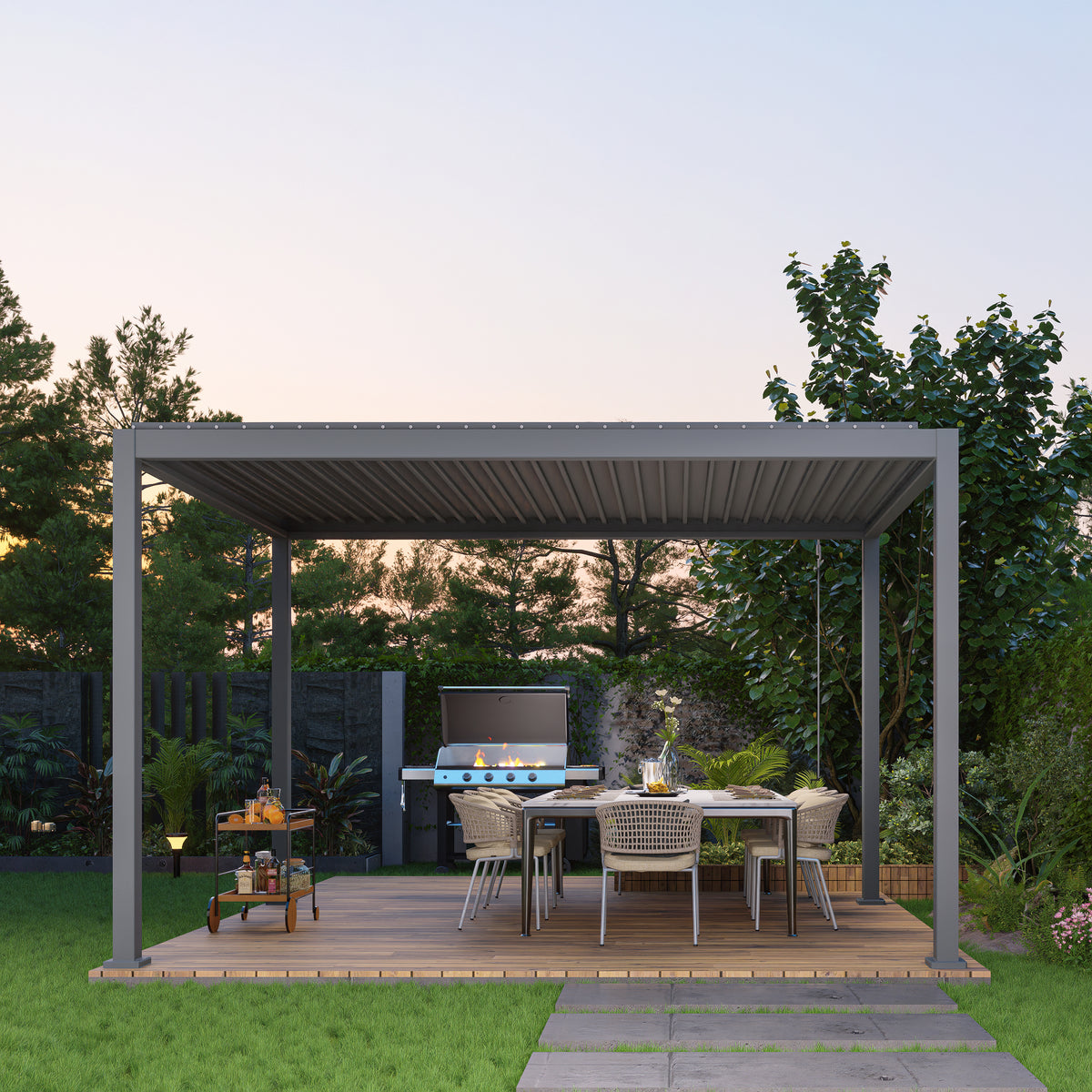 TLP Stellar Promotion - SAVE 30% - 4mx3m Graphite Grey Stellar Louvre Pergola plus (3) Blinds - one 4m & two 3m manual Outdoor Mesh Blinds