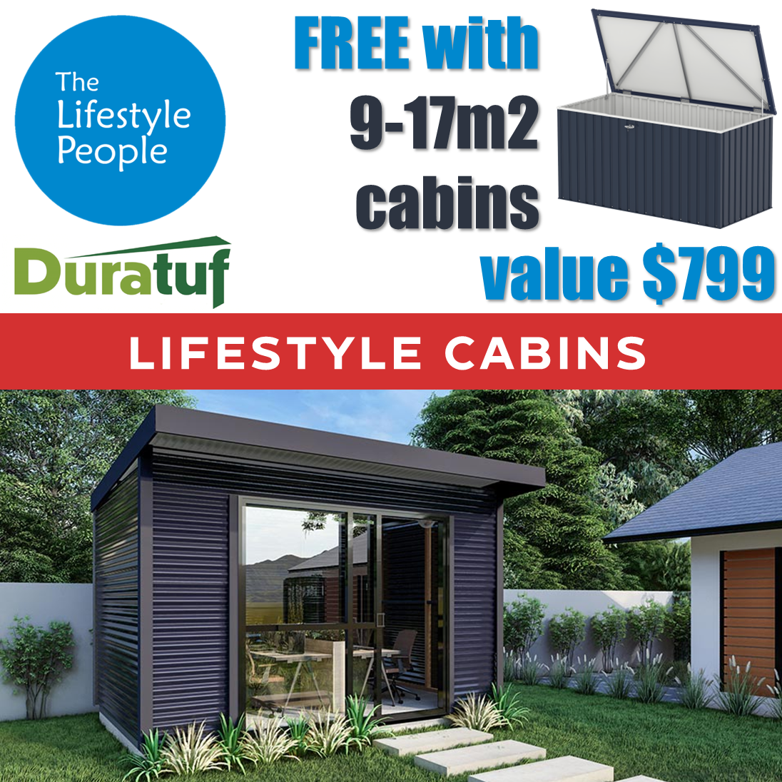Duratuf Lifestyle KAIPARA CABIN w. Ranch Slider & Floor - 4.0m x 2.5m (Colour Finish)