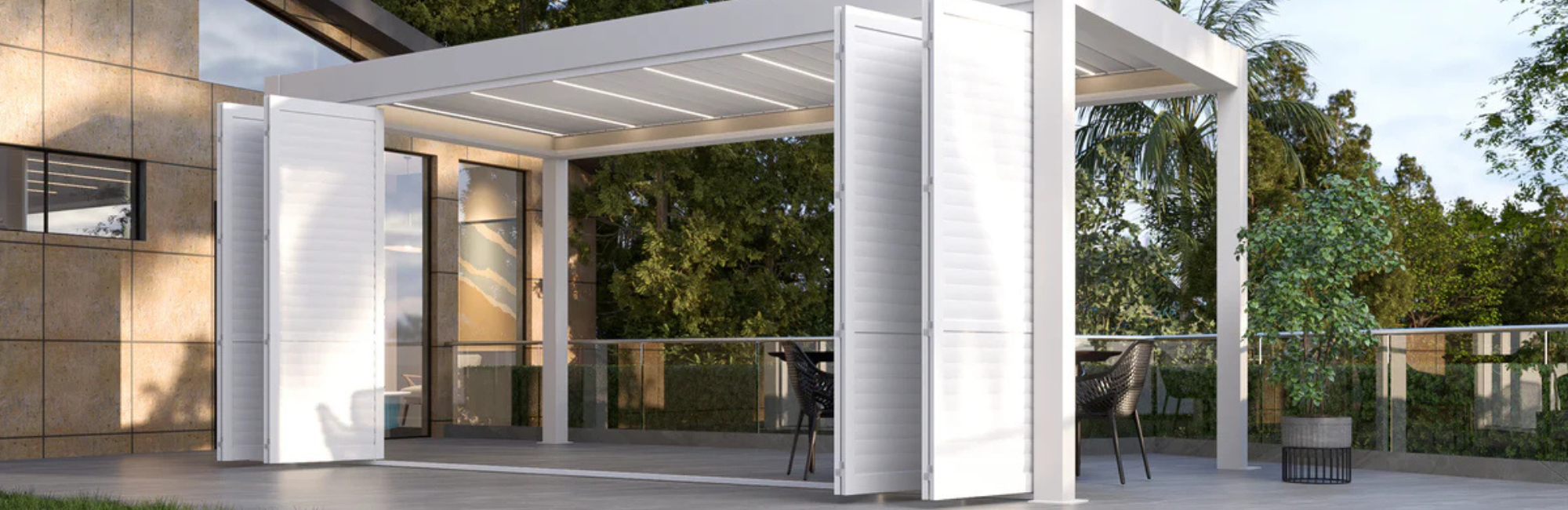 Modern outdoor pergola with glass walls on a patio area with trees in the background
