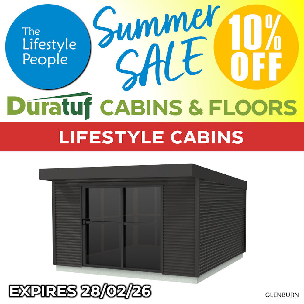 Duratuf Lifestyle GLENBURN CABIN w. Ranch Slider & Floor - 4.2m x 4.8m (Colour Finish)