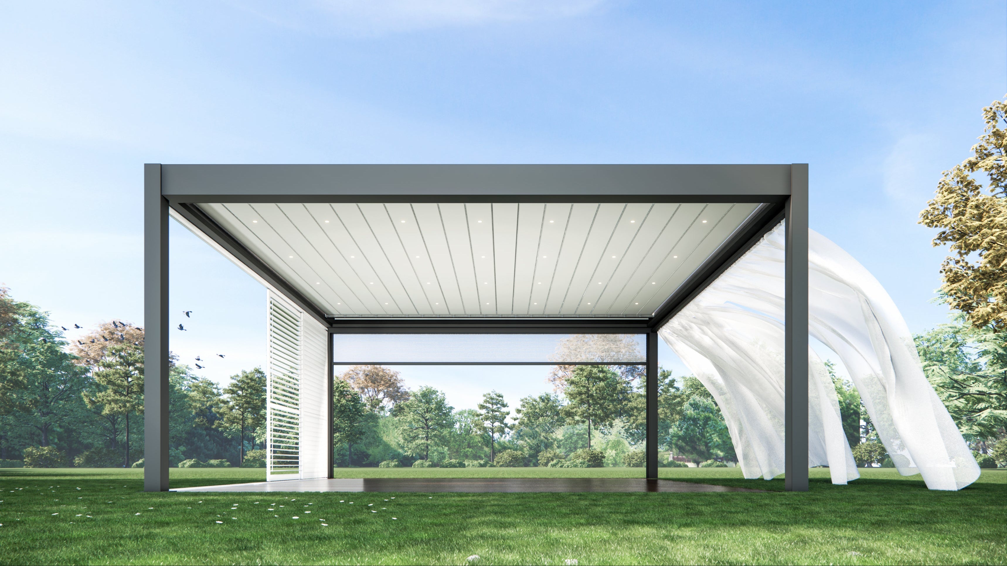 Modern outdoor structure with a white fabric sculpture in a park setting