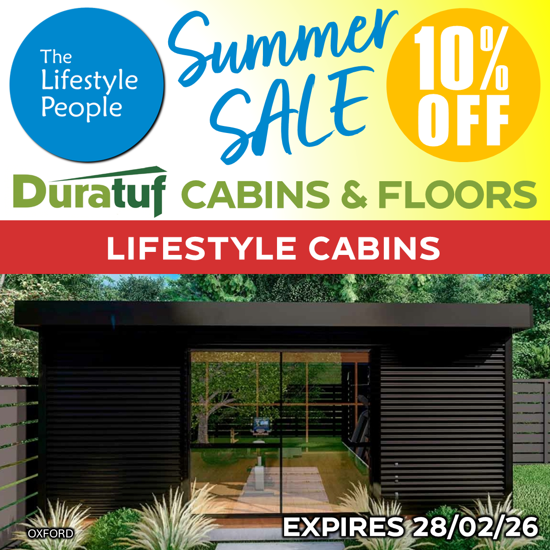 Duratuf Lifestyle OXFORD CABIN w. Ranch Slider & Floor - 6.0m x 4.8m (Colour Finish)