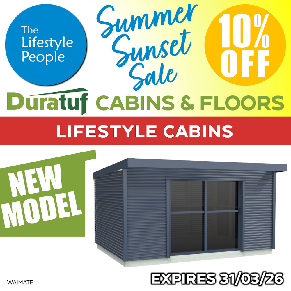 Duratuf Lifestyle WAIMATE CABIN w. Ranch Slider & Floor - 5.0m x 2.0m (Colour Finish)