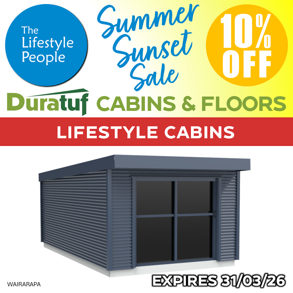 Duratuf Lifestyle WAIRARAPA CABIN w. Ranch Slider & Floor - 3.6m x 6.0m (Colour Finish)