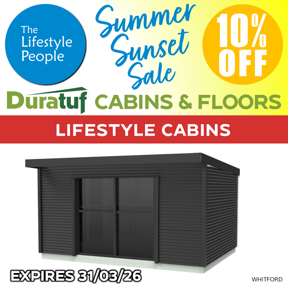 Duratuf Lifestyle WHITFORD CABIN w Ranch Slider & Floor - 4.8m x 3.6m (Colour Finish)